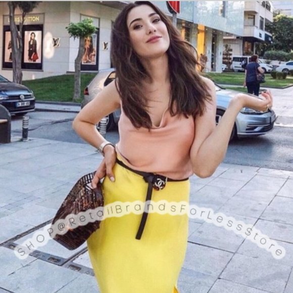 Zara Satin Effect Slit Yellow Nude Colorblock Slip Cami Midi Maxi Dress - Picture 5 of 15